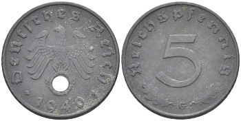 ГЕРМАНИЯ 5 РЕЙХСПФЕННИГОВ 1940 G KM 100, J. 370 цинк 211-537