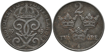 Швеция 2 эре 1949 Густав V (1907-1950), LONG 9 KM 811 железо 63-1034