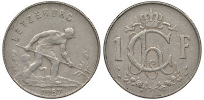 ЛЮКСЕМБУРГ 1 ФРАНК 1957 СТАЛЕВАР KM 46.2 медно-никель 62-837