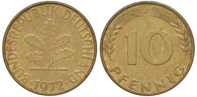 ФРГ 10 пфеннигов 1972 F KM 108, J. 383 сталь плакированная латунью 4132-547