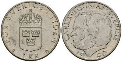 Швеция 1 крона 1990 Карл XVI Густав (1973- ) KM 852a медно-никель 114-945