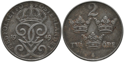 Швеция 2 эре 1949 Густав V (1907-1950), LONG 9 KM 811 железо 63-1034