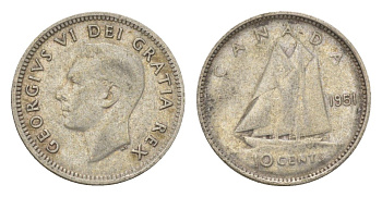 Канада 10 центов 1951 Георг VI (1936-1952) KM 43 серебро 4623-864