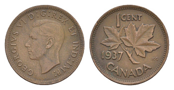 Канада 1 цент 1937 Георг VI (1936-1952), кленовый лист KM 32 бронза 4636-551