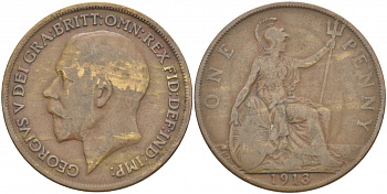 Великобритания 1 пенни 1913 Георг V (1910-1936) KM 810, Spink 4051 бронза 215-311