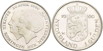 Нидерланды 1 гульден 1980 на коронацию Беатрикс, 30 апреля 1980 KM 200 никель 213-1246