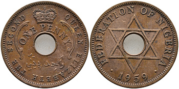 Нигерия 1 пенни 1959 Елизавета II (1952-), Британский протекторат KM 2 бронза 51-2651
