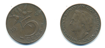 НИДЕРЛАНДЫ 5 ЦЕНТОВ 1948 ВИЛЬГЕЛЬМИНА KM 176 бронза 83-842