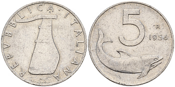 Италия 5 лир 1954 R, дельфин KM 92 алюминий    4598-1252