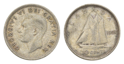 Канада 10 центов 1951 Георг VI (1936-1952) KM 43 серебро 4623-864