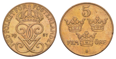 Швеция 5 эре 1937 Густав V (1907-1950) KM 779.2 бронза 4657-215