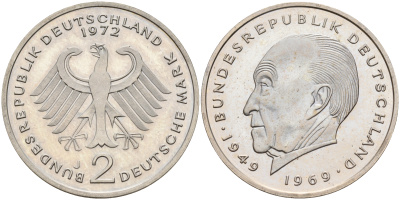 ФРГ 2 марки 1972 J, Конрад Аденауэр J 406, KM 124 медно-никель плакированный никелем  PROOF  4155-154
