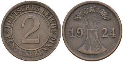Германия 2 рентенпфеннига 1924 E, Веймарская республика KM 31 бронза 3955-456