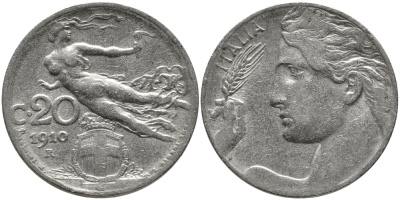 Италия 20 чентезимо 1910 R, Виктор Эммануил III (1900-1946) KM 44 никель 4175-727