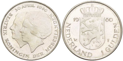 Нидерланды 1 гульден 1980 на коронацию Беатрикс, 30 апреля 1980 KM 200 никель 213-1246