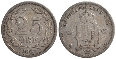 Швеция 25 эре 1897 EB, Оскар II (1872-1907) король Швеции и Норвегии KM 739 серебро 4179-824