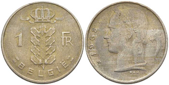 БЕЛЬГИЯ 1 ФРАНК 1968 BELGIE, БОДУЭН I (1951-1993) KM 143.1 медно-никель 119-615