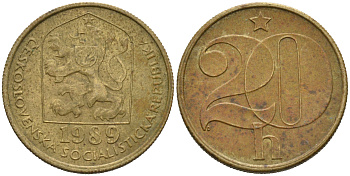 ЧЕХОСЛОВАКИЯ 20 ГЕЛЛЕРОВ 1989 KM 74 латунь 75-1015