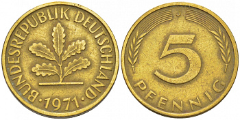 ФРГ 5 ПФЕННИГОВ 1971 J KM 107, J. 382 сталь плакированная латунью 4396-1635