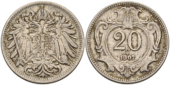 Австрия 20 геллеров 1907 Франц Иосиф I KM 2803 никель 4584-242