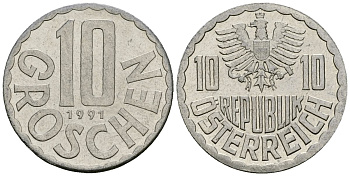 Австрия 10 грошей 1991 KM 2878 алюминий 4135-313