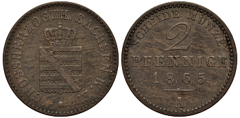 Саксен-Веймар-Эйзенах 2 пфеннига 1865 A C # 90 медь 00-00