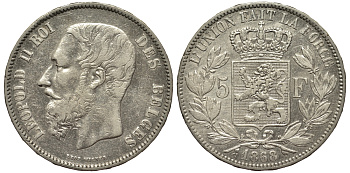 Бельгия 5 франков 1868 Леопольд II (1865-1909) KM 24 серебро 1529-1041