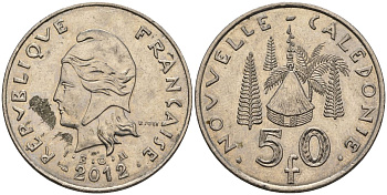 Французская Новая Каледония 50 франков 2012 хижина среди сосен и пальм, (IEOM) KM 13a, Schoen 15a, Lec 128i медно-никель 4111-1036