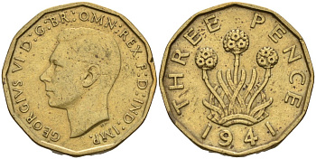 Великобритания 3 пенса 1941 Георг VI (1936-1952) KM 849, Spink 4112 никель латунь 4513-1022