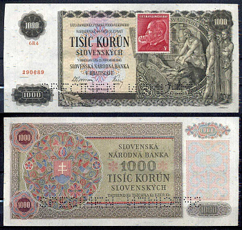 Чехословакия 1000 крон 1940 (1945) Образец, SPECIMEN, с маркой. Pick 56 бумага 451-1097-2