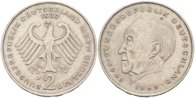 ФРГ 2 марки 1977 J, КОНРАД АДЕНАУЭР KM 124, J. 406 медно-никель плакированный никелем 4448-857