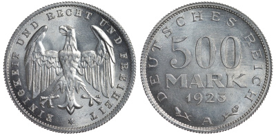 Германия 500 марок 1923 А KM 36, J.305 алюминий UNC 4587-433