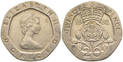 Великобритания 20 пенсов 1982 Елизавета II (1952-2022) KM 931, Spink 4230 (G1) медно-никель 117-141