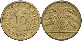 ГЕРМАНИЯ 10 РЕЙХСПФЕННИГОВ 1935 A KM 40, J. 317, Weege 9 алюминиевая бронза 210-417