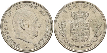 Дания 5 крон 1960 C; S, Фредерик IX (1947-1972) KM 853.1 медно-никель 4183-341