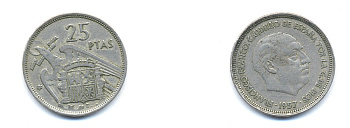 ИСПАНИЯ 25 ПЕСЕТ 1958 KM 787 медно-никель 54-1935