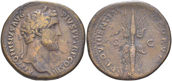 Римская Империя сестерций 140 - 144 Антонин Пий, бюст императора, ANTONINVS AVG PIVS P P TR P COS III / пучок крылатых молний, PROVIDENTIAE DEORVM S C, Рим (из немецкой коллекции 1-й половины XX века) RIC 618 бронза 1073-23-63