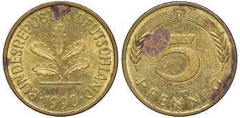 ФРГ 5 пфеннигов 1990 D KM 107, J.382 сталь плакированная латунью 4174-528
