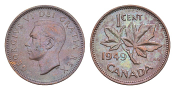 Канада 1 цент 1949 Георг VI (1936-1952), кленовый лист KM 41 бронза 4639-265