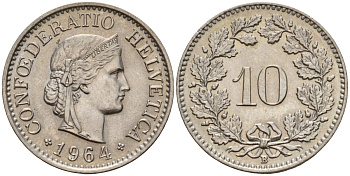 Швейцария 10 раппенов 1964 B KM 27 медно-никель 4189-369