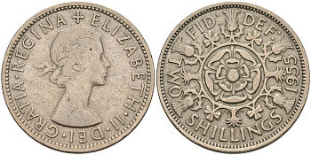 Великобритания 2 шиллинга (флорин) 1955 Елизавета II (1952-2022) KM 906, Spink 4146 медно-никель 4367-134