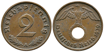 Германия 2 рейхспфеннига 1939 A KM 90, J. 362 бронза 176-1255