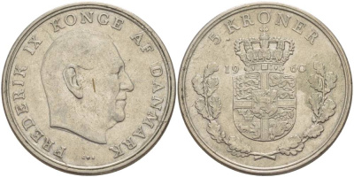 Дания 5 крон 1960 C; S, Фредерик IX (1947-1972) KM 853.1 медно-никель 4183-341
