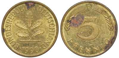 ФРГ 5 пфеннигов 1990 D KM 107, J.382 сталь плакированная латунью 4174-528