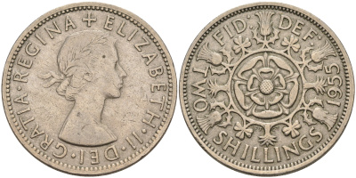 Великобритания 2 шиллинга (флорин) 1955 Елизавета II (1952-2022) KM 906, Spink 4146 медно-никель 4367-134