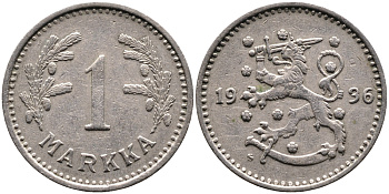 ФИНЛЯНДИЯ 1 МАРКА 1936 S KM 30 медно-никель 4388-947