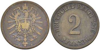 ГЕРМАНИЯ 2 ПФЕННИГА 1876 B, СТАРОГЕРБОВКА KM 2, J. 2, Weege 3 медь 212-616
