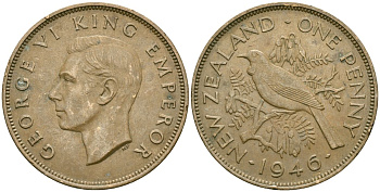 Новая Зеландия 1 пенни 1946 птица туи, король Георг VI (1937 - 1952) KM 13 бронза 69-214