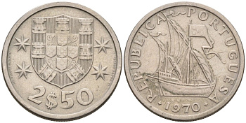 Португалия 2,5 эскудо 1970 корабль KM 590 медно-никель 4588-454