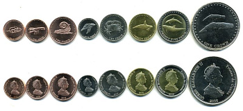 ТРИСТАН ДА КУНЬЯ ЛОТ ИЗ 8 МОНЕТ 2008 (1/2, 1, 2, 5, 10, 20, 25 ПЕНСОВ, 1 КРОНА), МОРСКИЕ ОБИТАТЕЛИ UNC N4-35